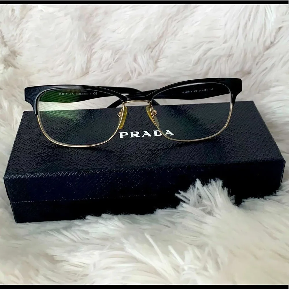 Prada Glasses Frames Black Gold Eyeglasses Case Cloth Box PR65RV Retro